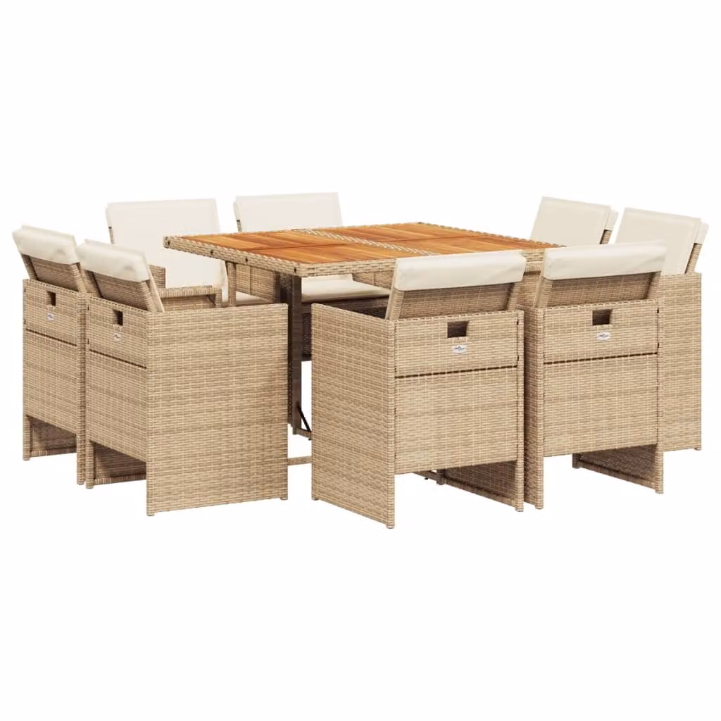 Set da Pranzo da Giardino 9 pz con Cuscini Beige in Polyrattan