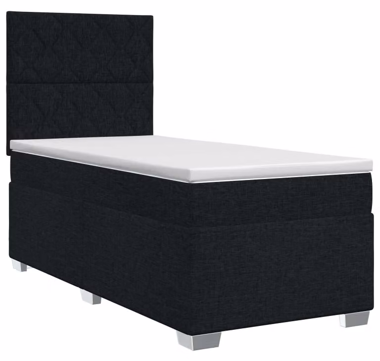Letto con rete a molle e materasso, con testiera, colore nero, dimensioni 90 x 190 cm, rivestito in tessuto