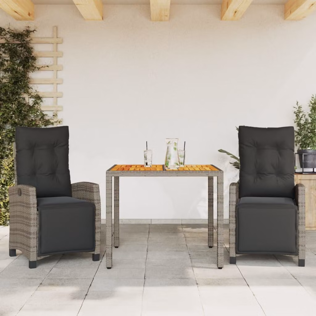 Set da pranzo da giardino vidaXL in polyrattan e legno di acacia grigio con 3 pezzi e cuscini