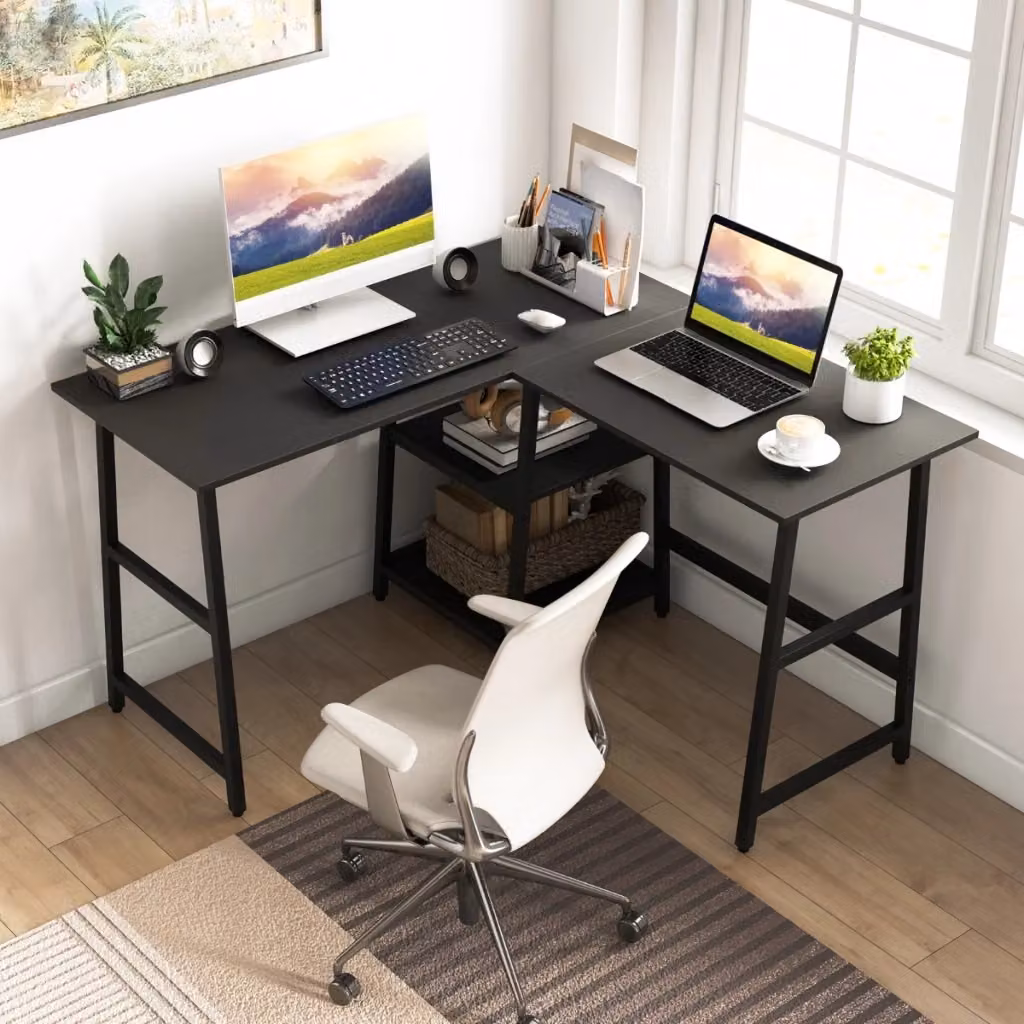 Scrivania angolare a L Design Mania per ufficio e home office, finitura opaca, Nero e Marrone, L/P/H: 120 x 120 x 75 cm – 2