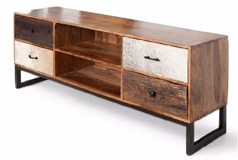 Mobile TV in legno massello, contenitore laterale con cassetti, design industriale, metallo