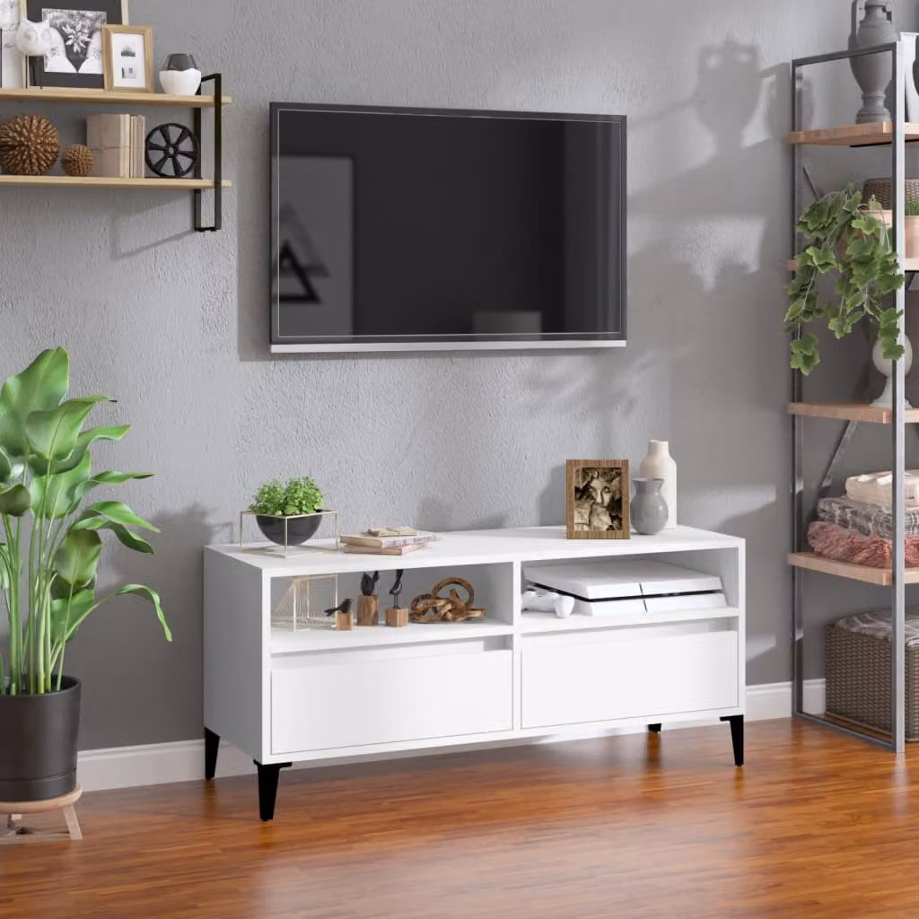 vidaXL Mobile Porta TV Bianco in Legno e Metallo con Ruote L: 100 cm, P: 34,5 cm, H: 44,5 cm