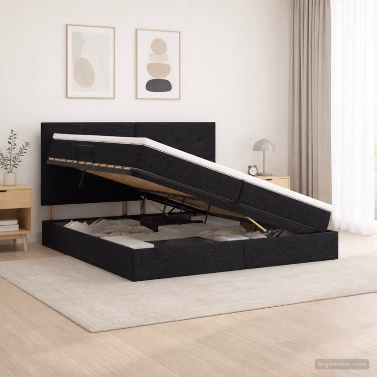 Letto con contenitore vidaXL in tessuto nero con illuminazione LED e porta USB, L/P/H: 200 x 200 x 140 cm