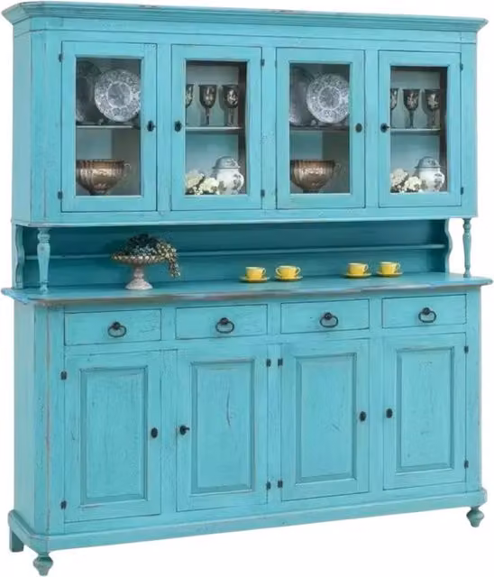 Cristalliera shabby chic in legno e vetro con 4 porte Mobili 2G colore azzurro L: 196 cm, P: 43 cm, H: 208 cm – 1