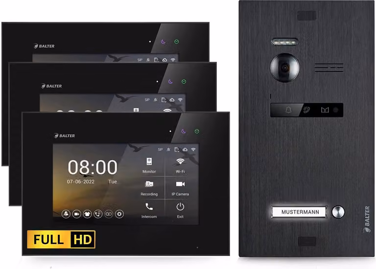 Videocitofono HD per casa monofamiliare, 3x monitor, Balter EVO HD nero