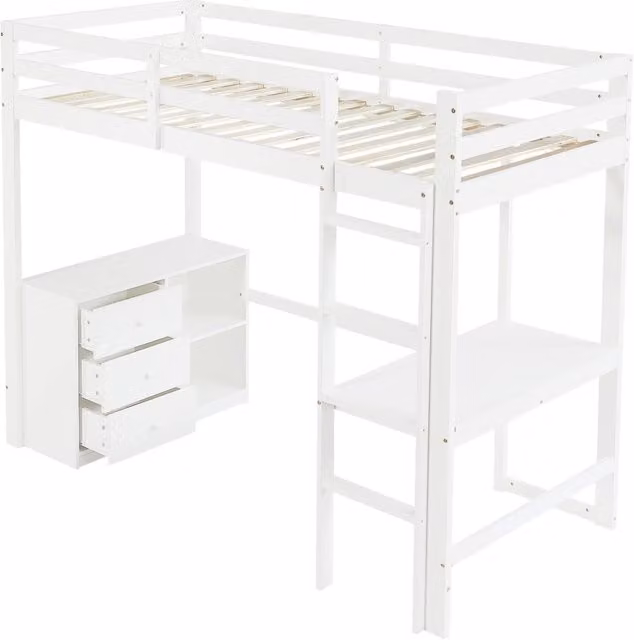 Letto a soppalco per bambini con scrivania, armadietto a cassetti e scaffale bianco 90x200 cm in pino e MDF