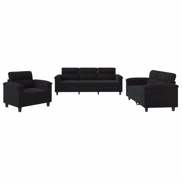 Set Divani 3 pz con Cuscini Nero in Tessuto Microfibra