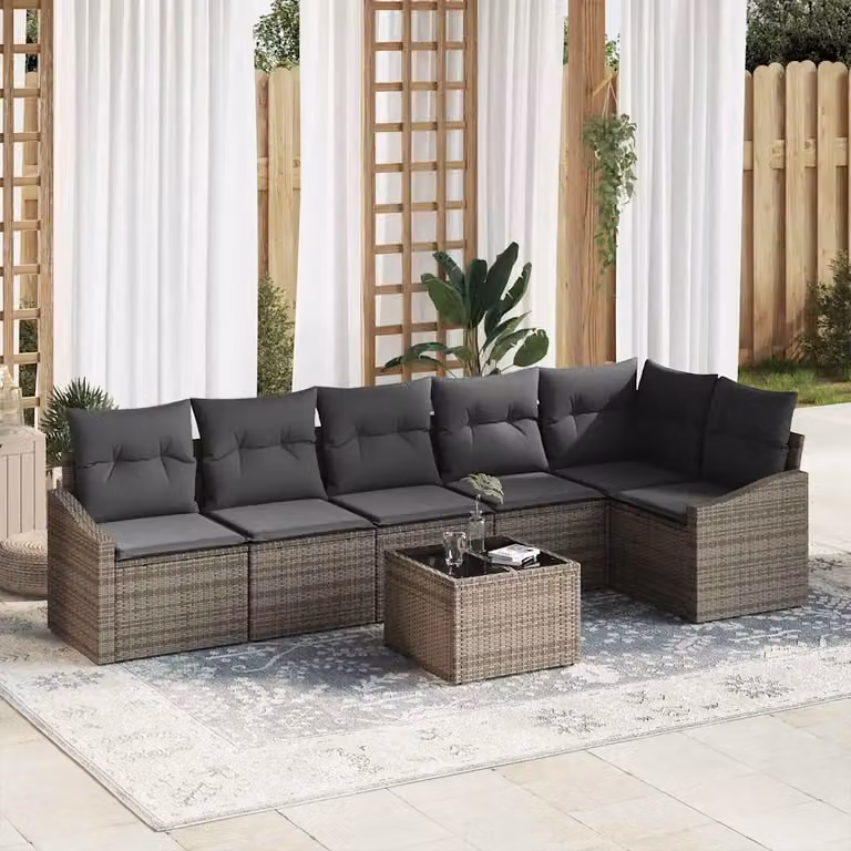 Set di divani da giardino vidaXL in rattan grigio con cuscini e tavolino da esterno