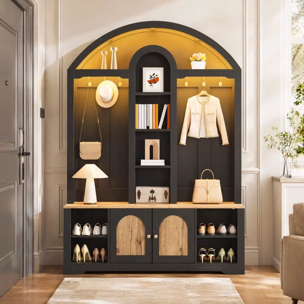 Armadio da ingresso REDOM in MDF nero opaco con ripiani e ganci, L: 150 cm, P: 40 cm, H: 195 cm – 2