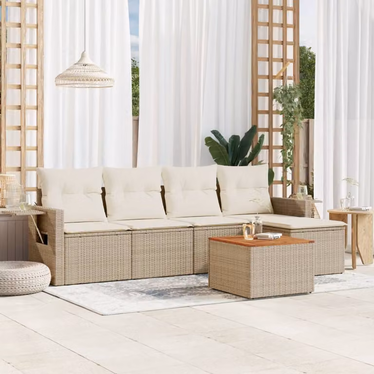 vidaXL Set Divano da Giardino a L 6 pz in Polyrattan con Cuscini Beige e Tavolino da Esterno