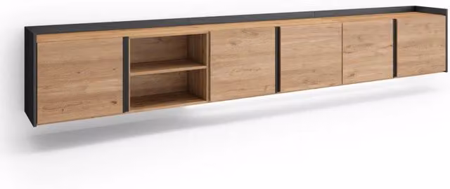 Mobile TV Soggiorno, 309x50x35 cm, Per TV fino a 80", Sospeso, da appendere, LED, Rovere e nero