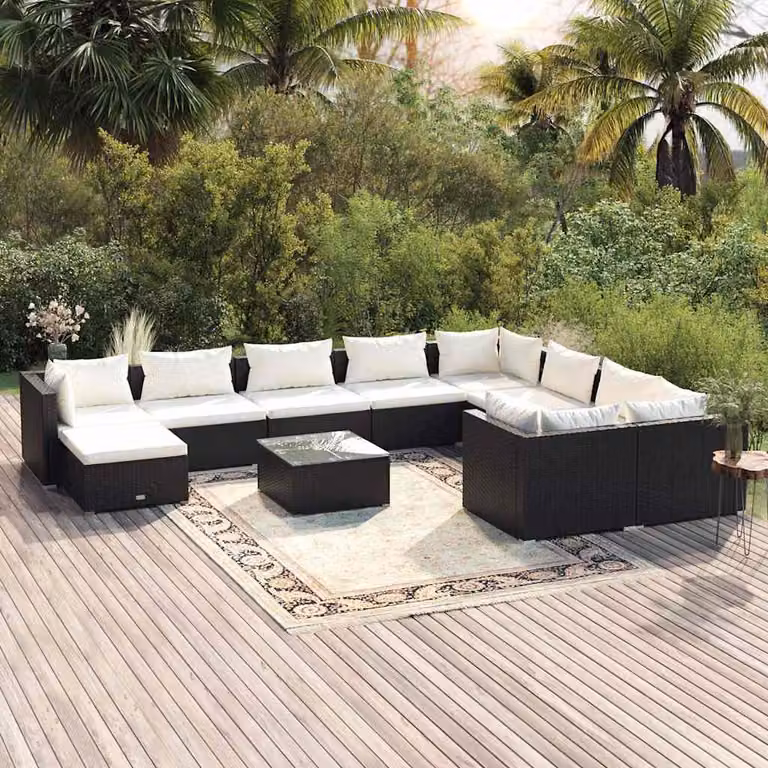 Set Divani da Giardino vidaXL 11 pz a Forma a U in Polyrattan Nero con Cuscini Beige e Tavolino da Esterno