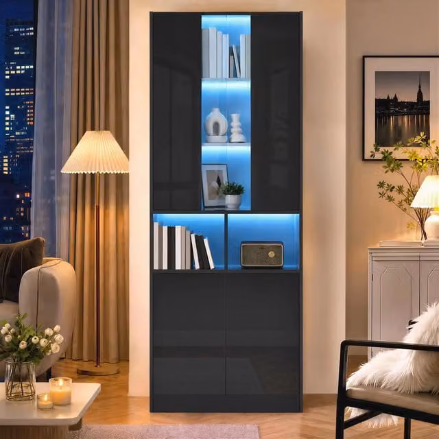 Armadio alto moderno nero con ante doppie, illuminazione LED controllabile tramite app e ripiani regolabili, L: 70 cm, P: 35 cm, H: 180 cm