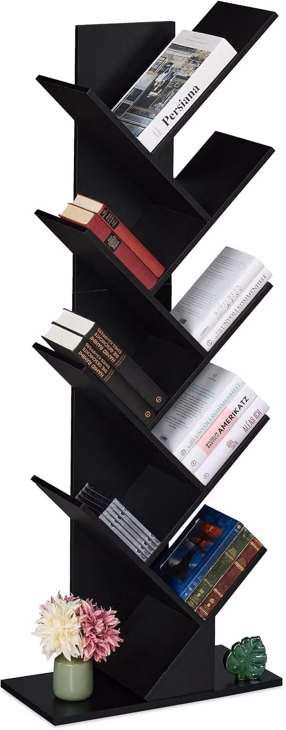 Libreria - 8 scomparti - 138 x 51 x 25 cm - Legno - Per CD - Per DVD - Libreria stretta - Soggiorno - Mobiletto a scomparti - Nero