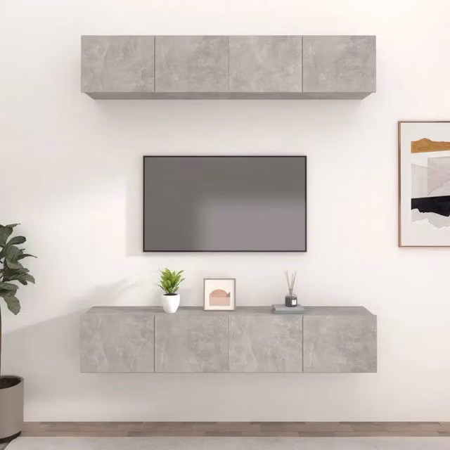 Set di 4 mobili TV vidaXL in legno multistrato color grigio cemento opaco, L 80 cm x P 30 cm x H 30 cm