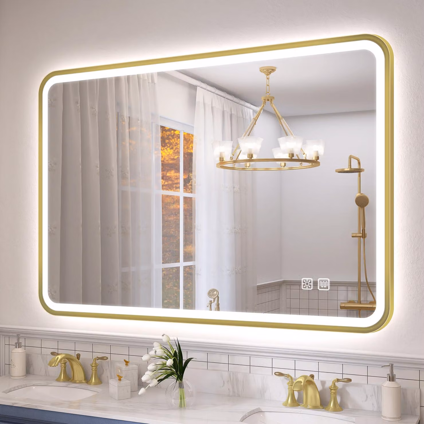 Specchio da bagno a LED, 100x70 cm, color oro, antiappannamento, dimmerabile, grado di protezione IP44