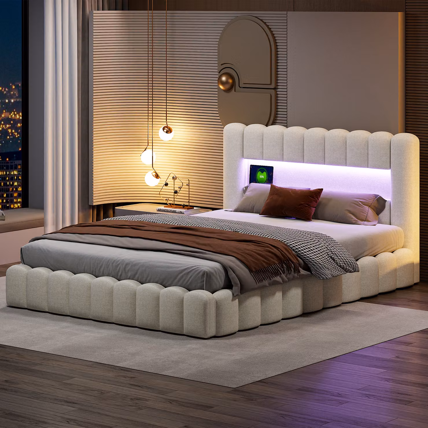 letto 180x200cm con testiera LED, letto imbottito con contenitore, letto contenitore, biancheria, beige