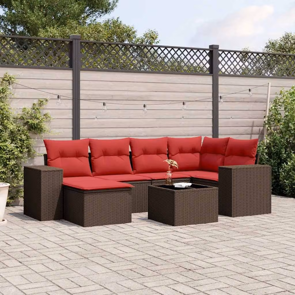 Set da giardino vidaXL in polyrattan marrone con 7 pezzi, composto da divani ad angolo, pouf e tavolino da caffè con cuscini inclusi