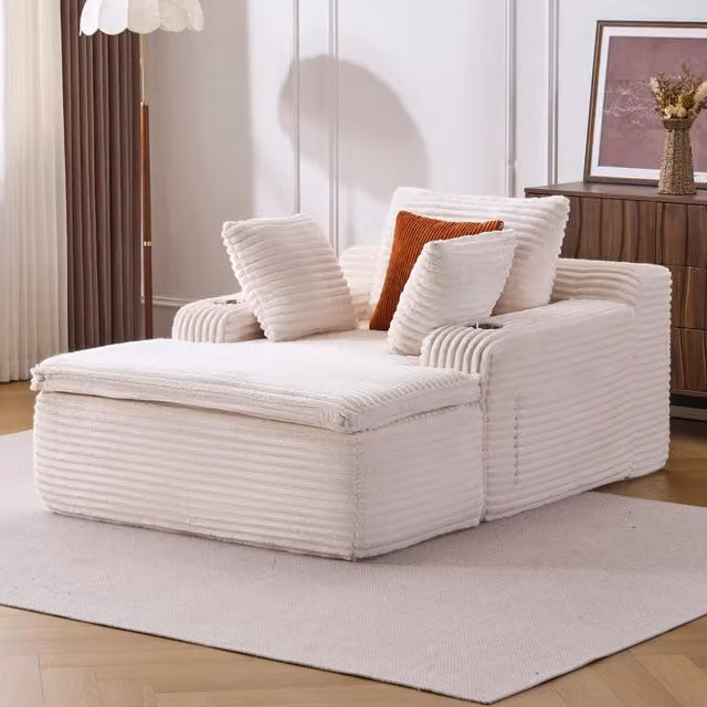 Divano convertibile senza struttura con chaise longue in velluto a coste con 3 cuscini e portabicchieri beige
