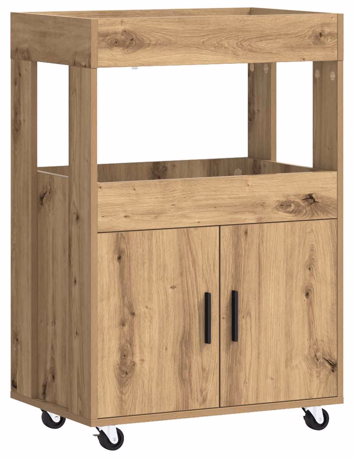 Carrello bar in legno effetto quercia, dimensioni 60 x 39,5 x 89 cm. Materiale: legno composito