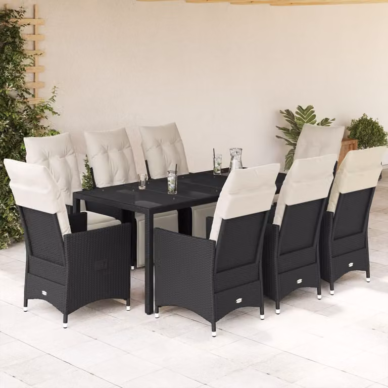 Set da pranzo da giardino vidaXL in polyrattan nero con cuscini e tavolo in vetro per 9 persone