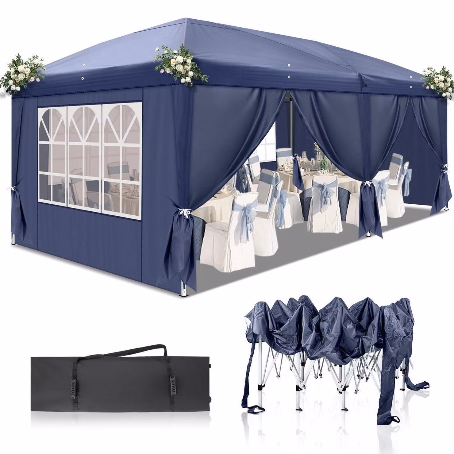Gazebo da esterno 3x6 metri, colore blu, con 6 pannelli laterali, impermeabile, protezione UV 50+, tessuto Oxford 420D
