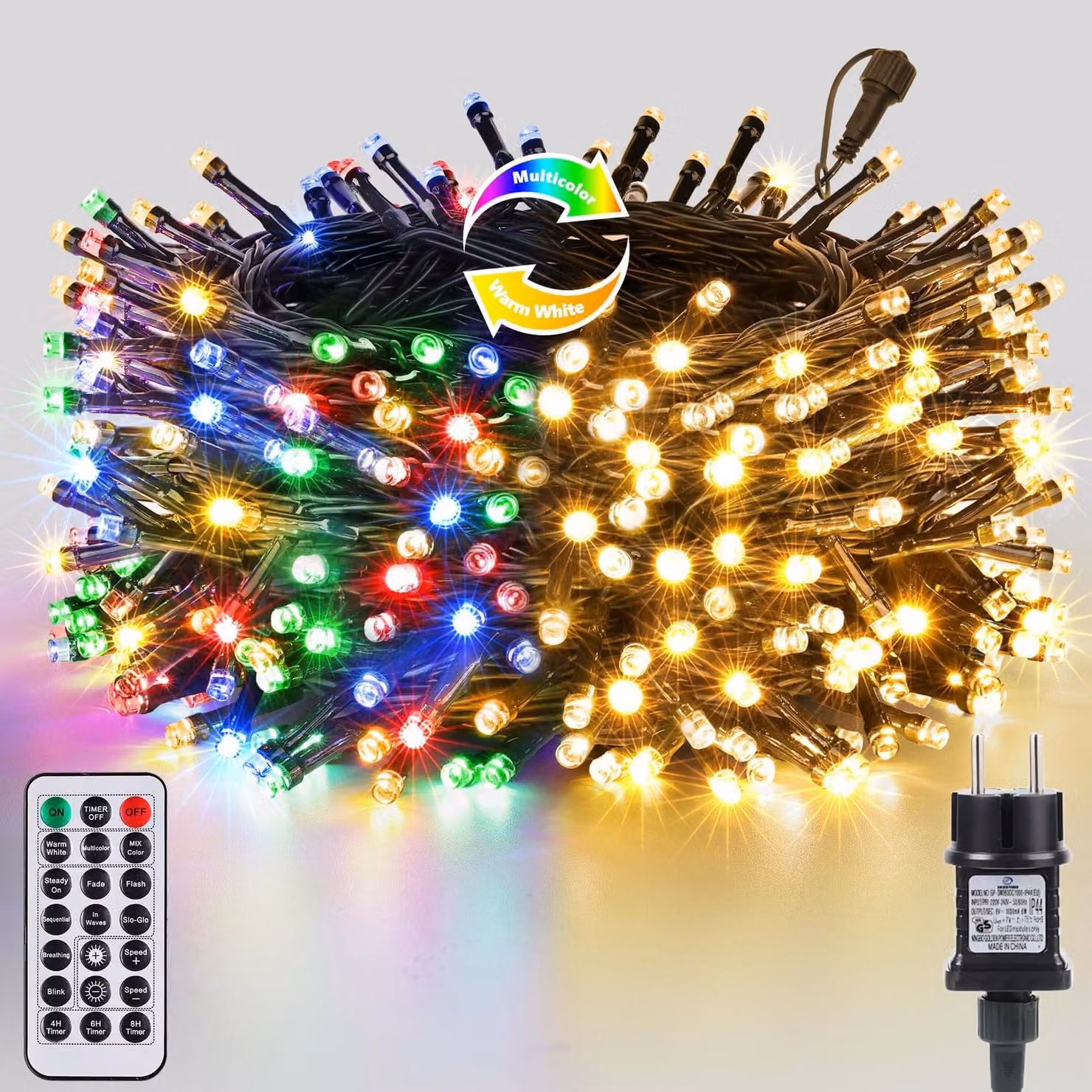 Catena luminosa a LED, 20 metri, 200 LED, luce bianco caldo e colorata, dimmerabile, con telecomando