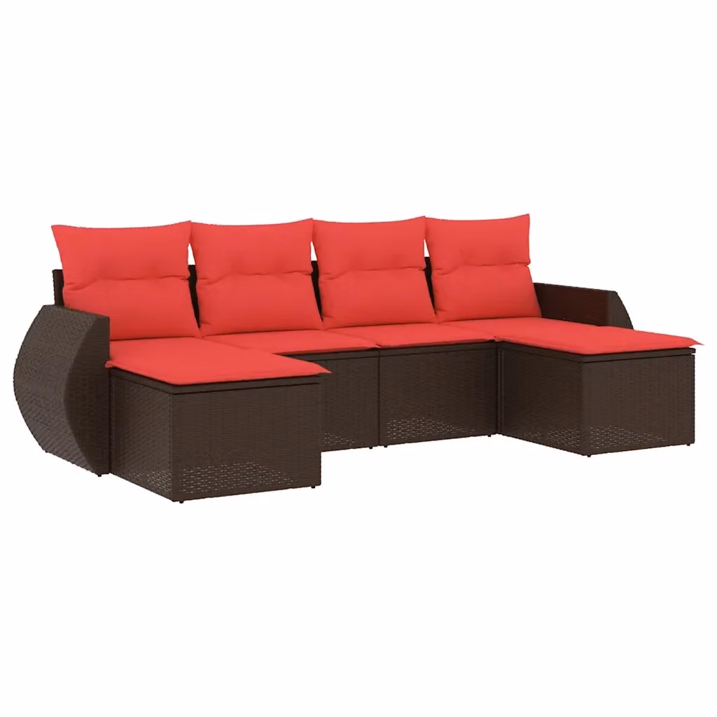 Set Divani da Giardino a L con Polyrattan e Struttura in Acciaio, 6 Pezzi Marrone con Cuscini Inclusi – 2