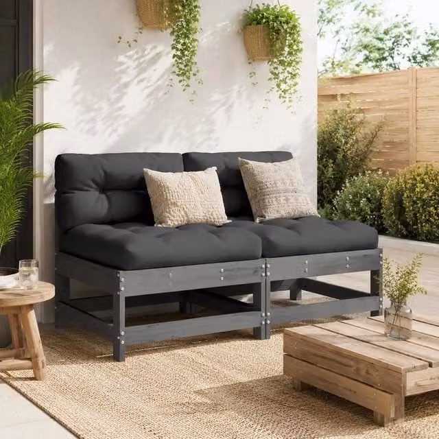 Middle Sofas With Cushions, 2 Pieces, Grey, Solid Pine Wood