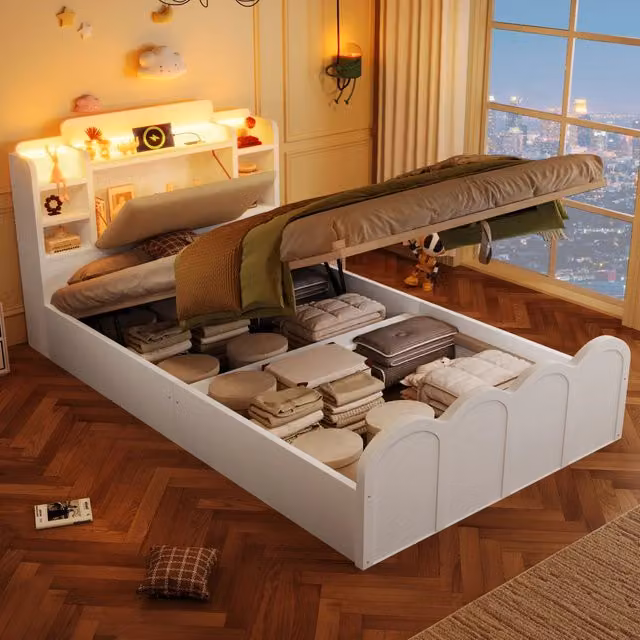 Letto per bambini singolo 90 × 200 cm con contenitore idraulico, USB, tipo C e LED, senza materasso, bianco