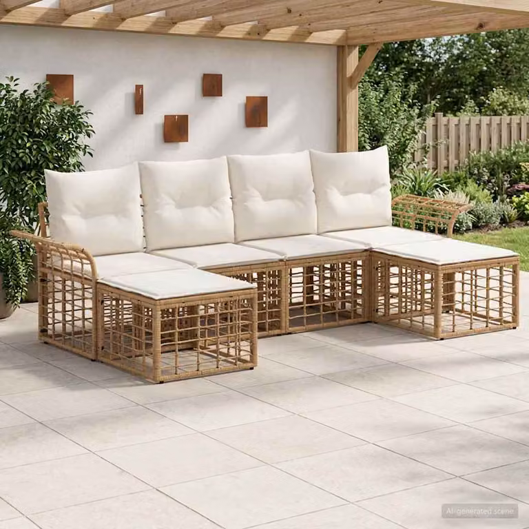 Set di divani da esterno vidaXL 6 pz in stile rustico con struttura in metallo e cuscini, beige e bianco