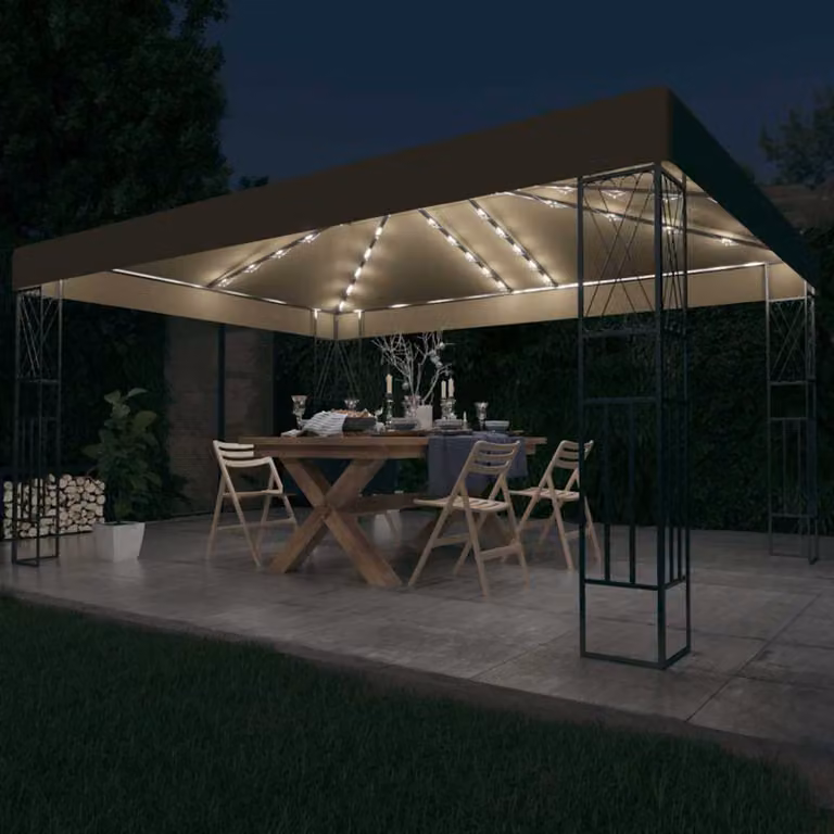 vidaXL Gazebo Moderno in Acciaio e Poliestere Grigio con Luci a Stringa LED L/P: 400 x 300 cm, H: 260 cm