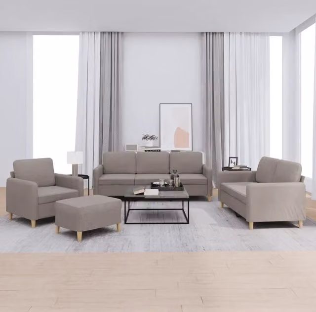 Set di divani moderno vidaXL composto da un divano a 3 posti, un divano a 2 posti, un pouf e cuscini in tessuto beige e grigio