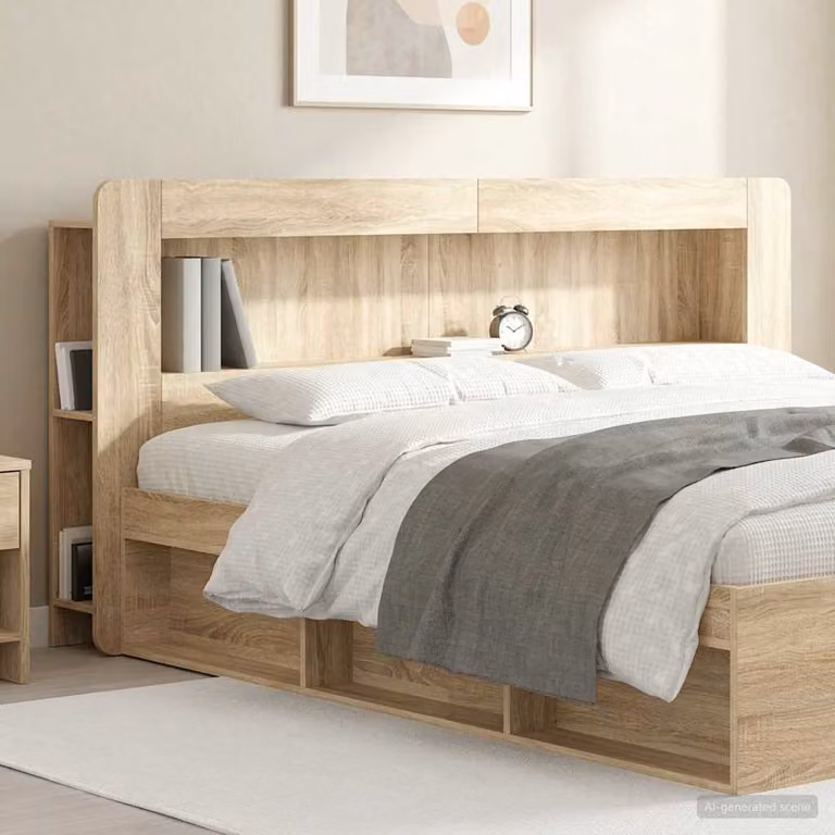 Testata del letto moderna vidaXL in legno ingegnerizzato Rovere Sonoma, colore marrone/beige con ripiano integrato