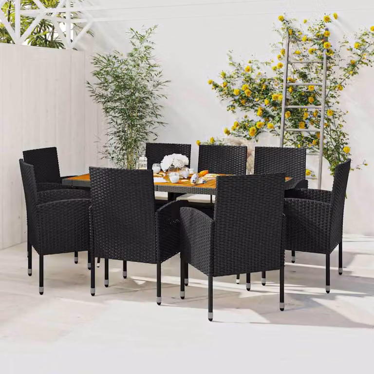 Set da pranzo per esterni vidaXL in 9 pezzi in polyrattan nero con piano in legno di acacia