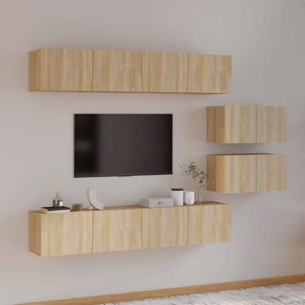 Set di Mobili Porta TV da Soggiorno vidaXL in Legno Multistrato, 6 Pezzi, Colore Rovere e Beige, Montaggio a Parete – 1