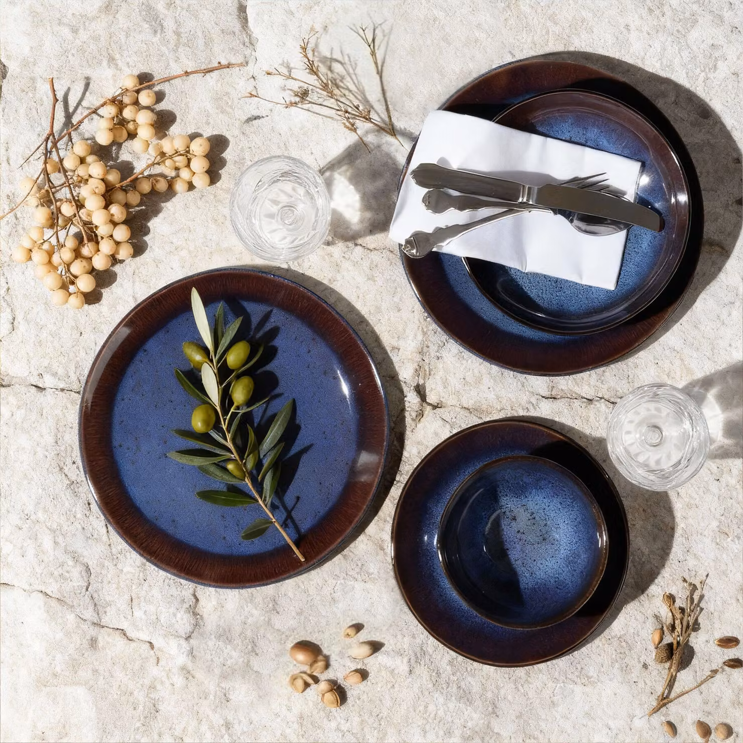 Servizio da cena Mare tectake in ceramica e gres, 24 pezzi per 6 persone, blu e marrone – 2