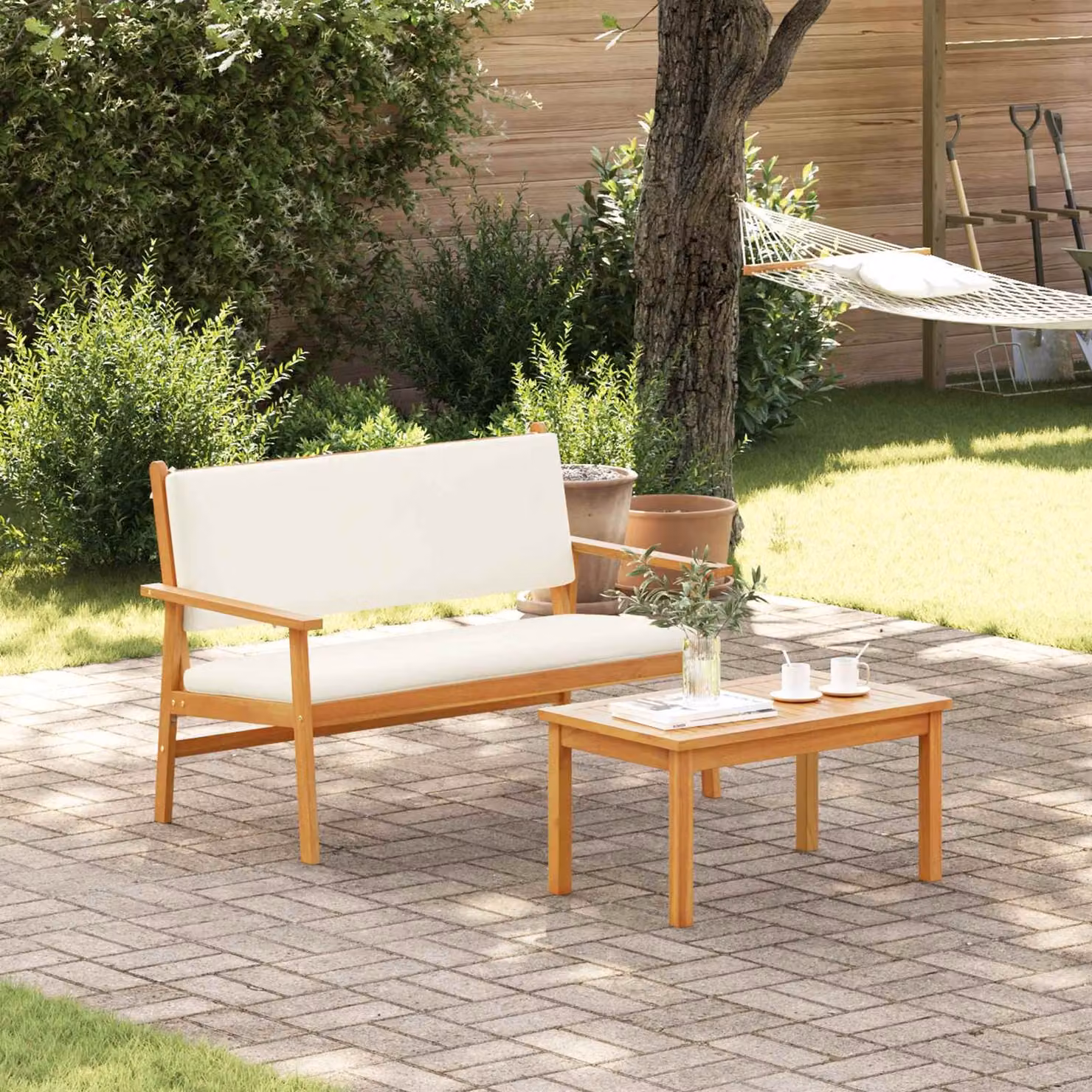 Set Divano da Giardino Moderno vidaXL in Legno di Acacia, 2 Pezzi, Bianco Beige e Marrone