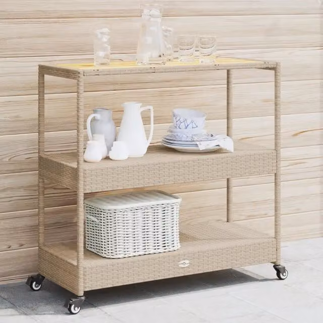 Carrello da Bar vidaXL a 3 Livelli in Polyrattan e Legno di Acacia Beige e Marrone con Ruote L 101,0 cm x P 40,0 cm x H 100,0 cm