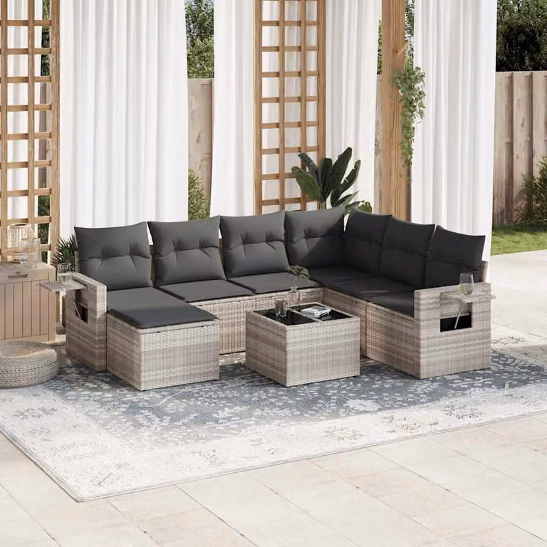vidaXL Set Divano da Giardino a L 8pz con Cuscini Grigio con Tavolino e Ottoman in Polyrattan e Acciaio