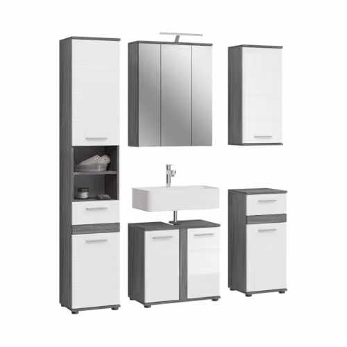 Meublorama William - Set di mobili da bagno – grigio scuro e bianco – 164 x 191 x 34 cm – con LED
