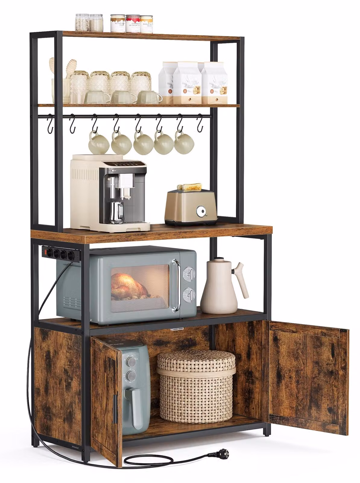 Scaffale da cucina VASAGLE con prese elettriche, armadio da cucina, piano di lavoro alto 90 cm, scaffale con 8 ganci, 40 x 80 x 170 cm, marrone vintage-nero inchiostro KKS059KD02