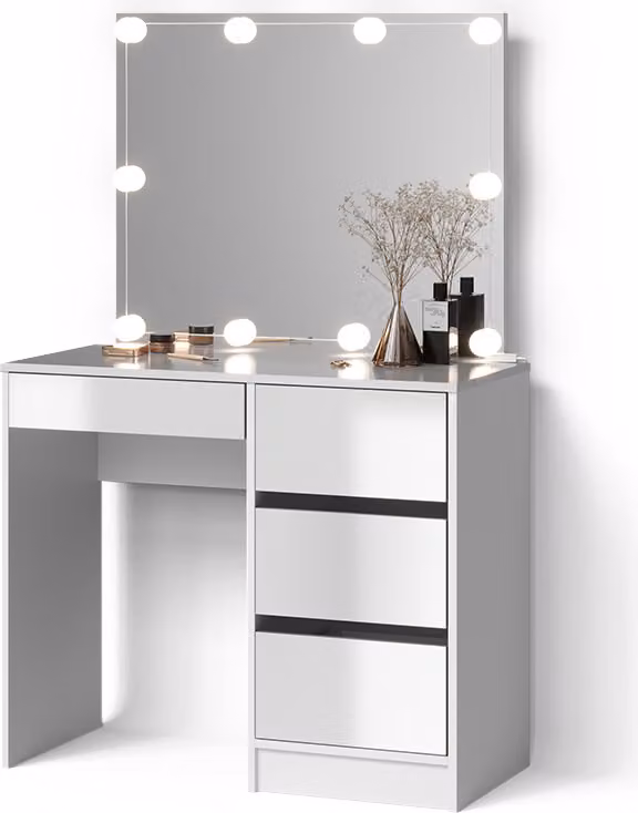 Tavolo da toilette Livinity Imola Bianco 90 cm con specchio e catena luminosa LED, Model 52399