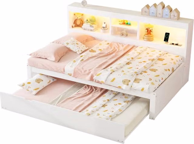 Letto a divanetto con letto estraibile, porta USB, luci LED e vani contenitore, Bianco, L/P/H: 90 x 200 cm