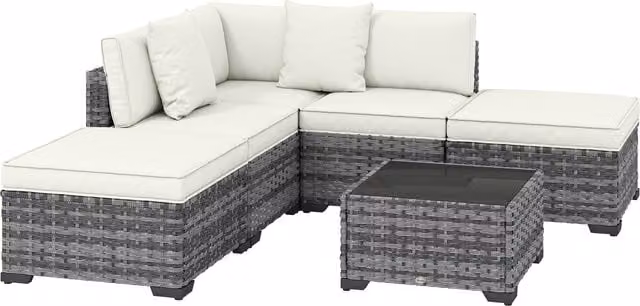 Set da giardino Outsunny Aosom composto da 6 pezzi in rattan e acciaio con divano a L, tavolino e cuscini, colore grigio – 1