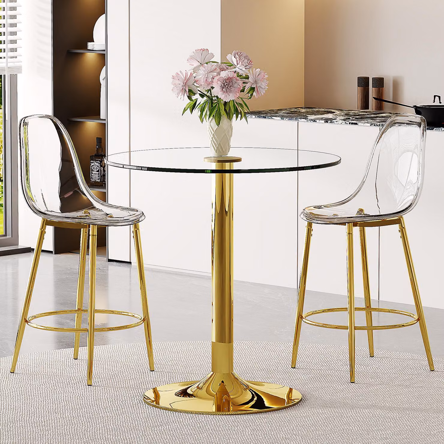 Set per bar, tavolo in vetro da 89 cm + 2 sgabelli da bar trasparenti, struttura in metallo, poggiapiedi (oro, trasparente)