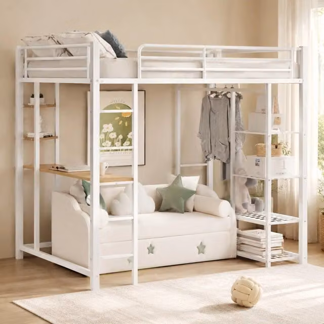 Letto a soppalco MIVRAY bianco con scrivania, armadio laterale, ripiani e scala in metallo e MDF, L/P/H: 204 x 90 x 180 cm – 1