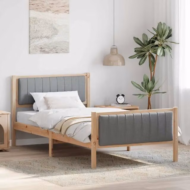 Struttura letto moderna DESIGN IN in legno di pino con giroletto imbottito, colori marrone e grigio chiaro, L/P/H: 200 x 100 x 85,5 cm