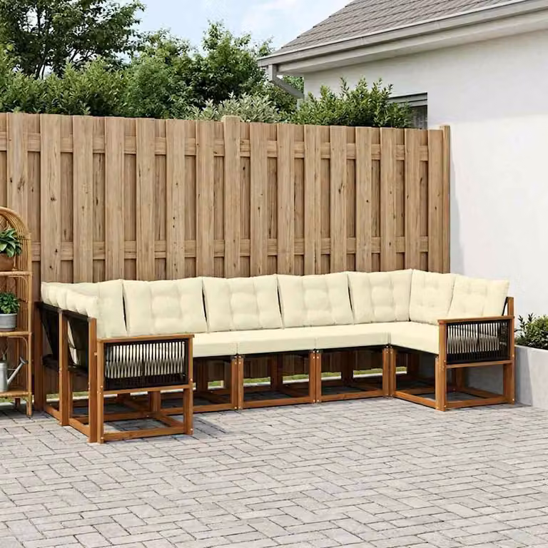 Set di divani da esterno vidaXL 7 pz a forma di L in legno di acacia con cuscini beige e marrone