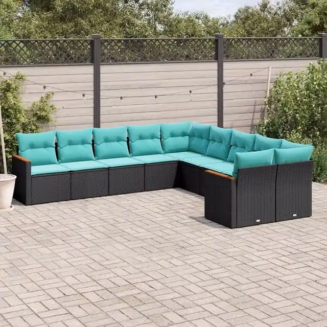 Set Divani da Giardino 10 pz con Cuscini Nero in Polyrattan 3226351